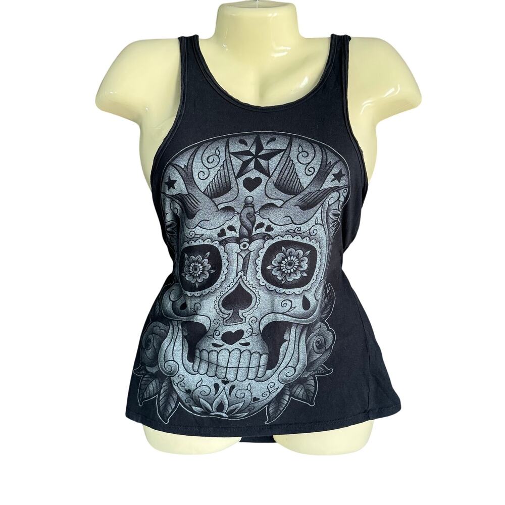 Iron Fist Sugar Skull Tank Top Small Black Gothic Day of the Dead